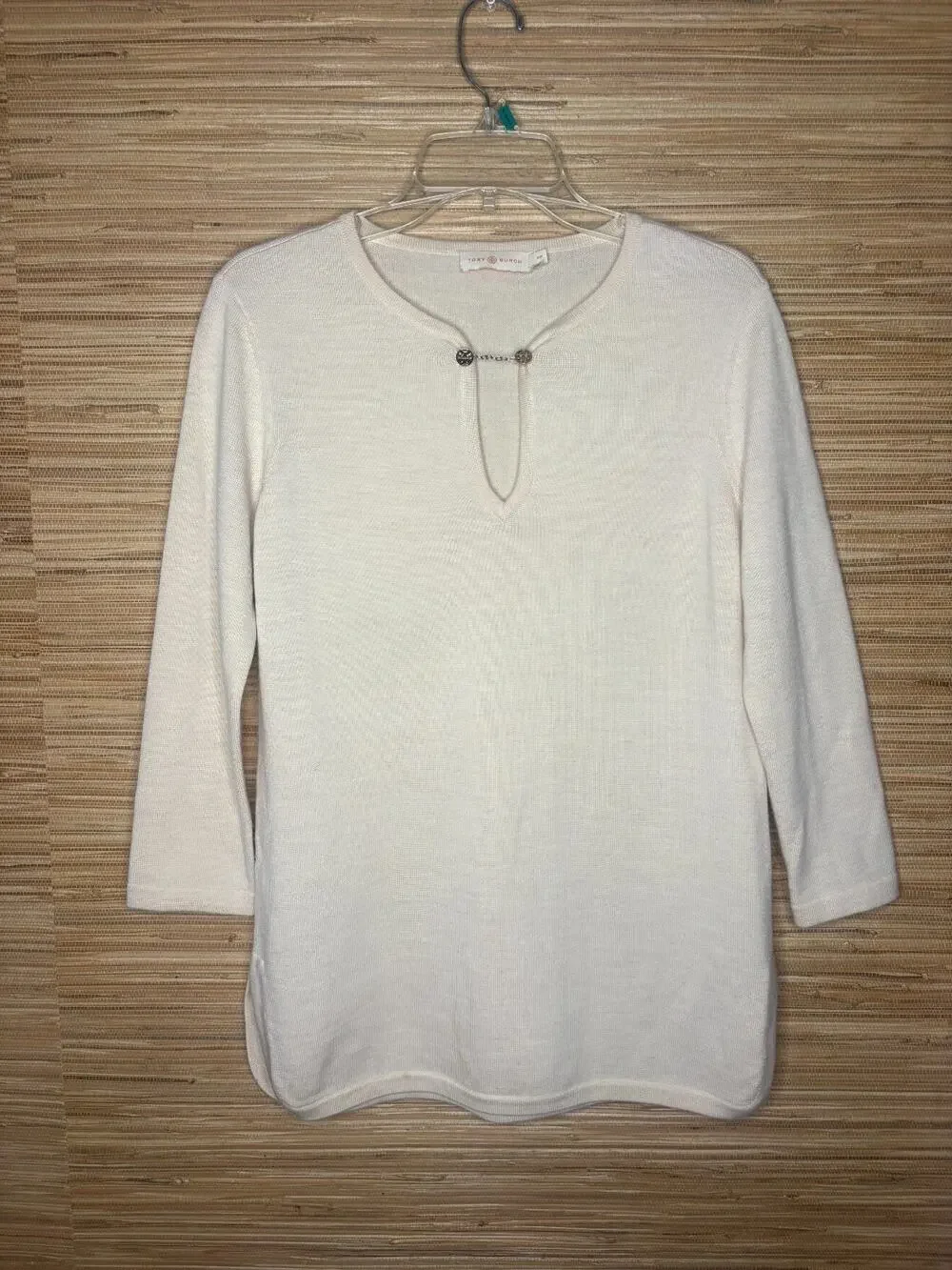 Tory Burch Women's Double T-Chain Keyhole Pullover Sweater Cream Sz S
